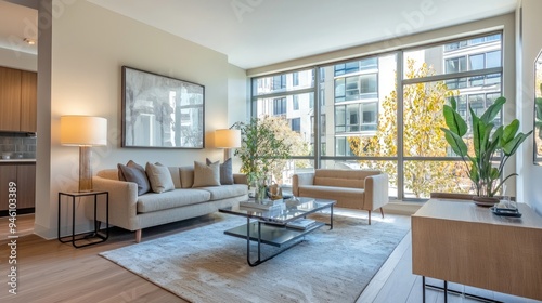 A modern, well-furnished living room in a spacious apartment with large windows and natural light.