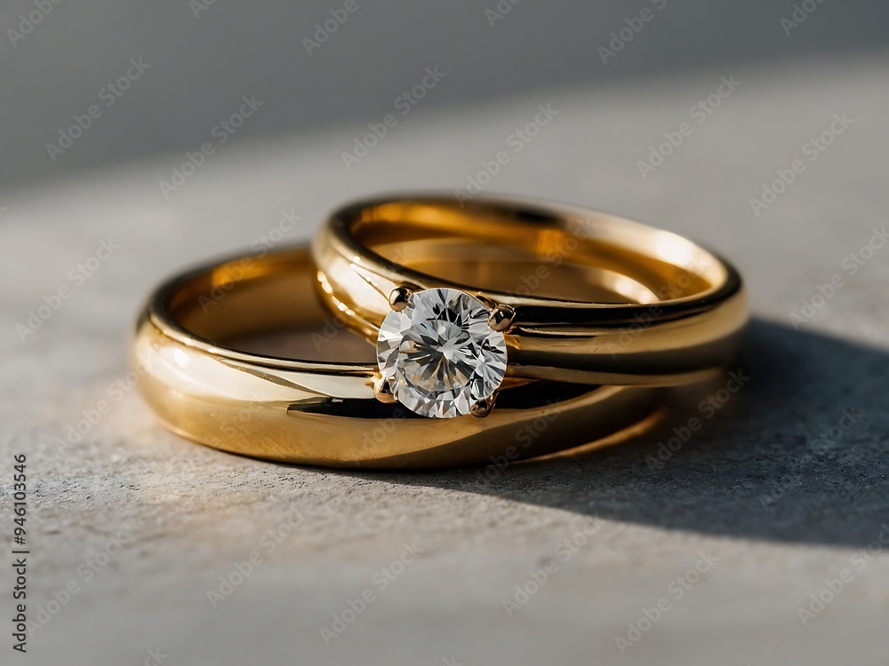 Gold wedding and engagement rings displayed together on a flat surface Gold wedding and engagement rings displayed together on a flat surface