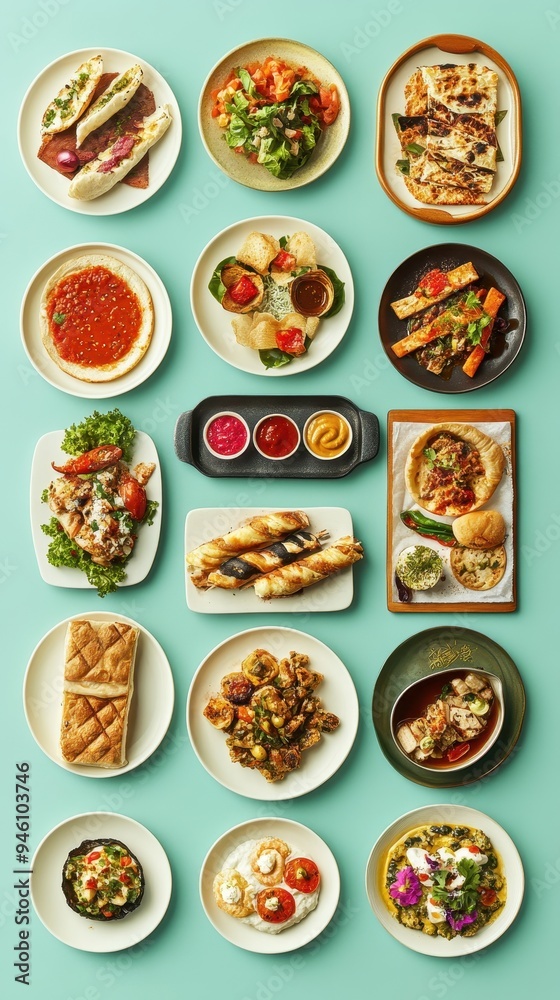 Various Arabic dishes are presented on plates, showcasing colorful salads, grilled meats, and flavorful dips, enticing the senses Various Arabic dishes are presented on plates, showcasing colorful salads, grilled meats, and flavorful dips, enticing the senses