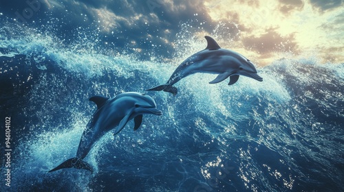 Dolphins Leaping Waves.