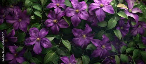 These flowers are called Clematis with the scientific name also being Clematis A banner of purple clematis serves as the background in the garden. Copy space image. Place for adding text and design