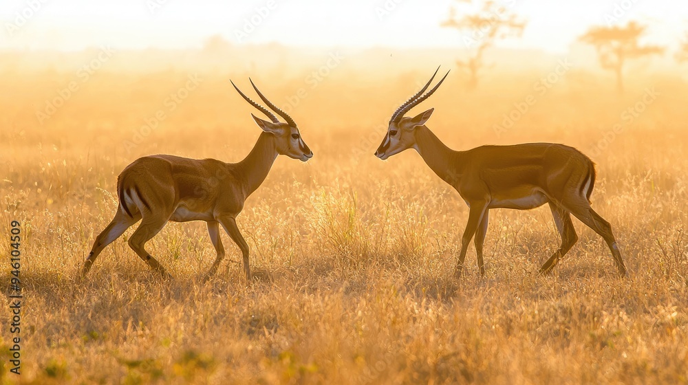 Obraz premium A pair of antelopes playfully sparring with their horns in the early morning light.