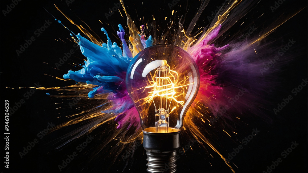Dynamic light bulb with vibrant splashes of colors representing creativity and innovative ideas. Dynamic light bulb with vibrant splashes of colors representing creativity and innovative ideas.