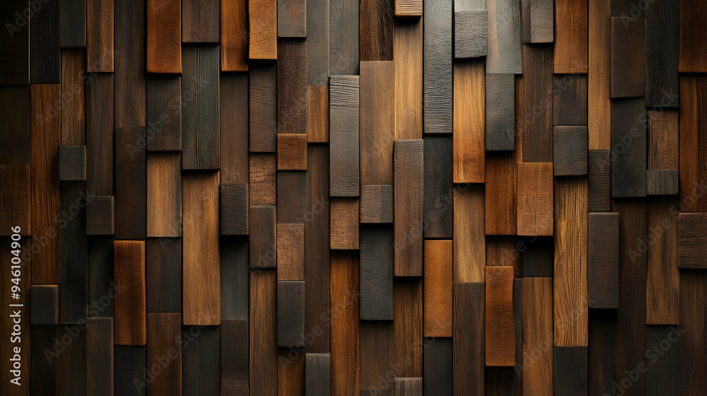 A close-up of a wall made of different sized and colored wood planks. A close-up of a wall made of different sized and colored wood planks.