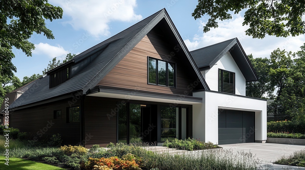 Modern house with a sleek design, surrounded by greenery and a clear sky.