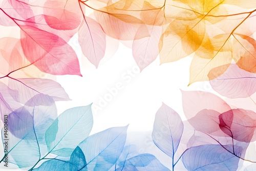 A vibrant frame of translucent leaves in various colors surrounding a white background.