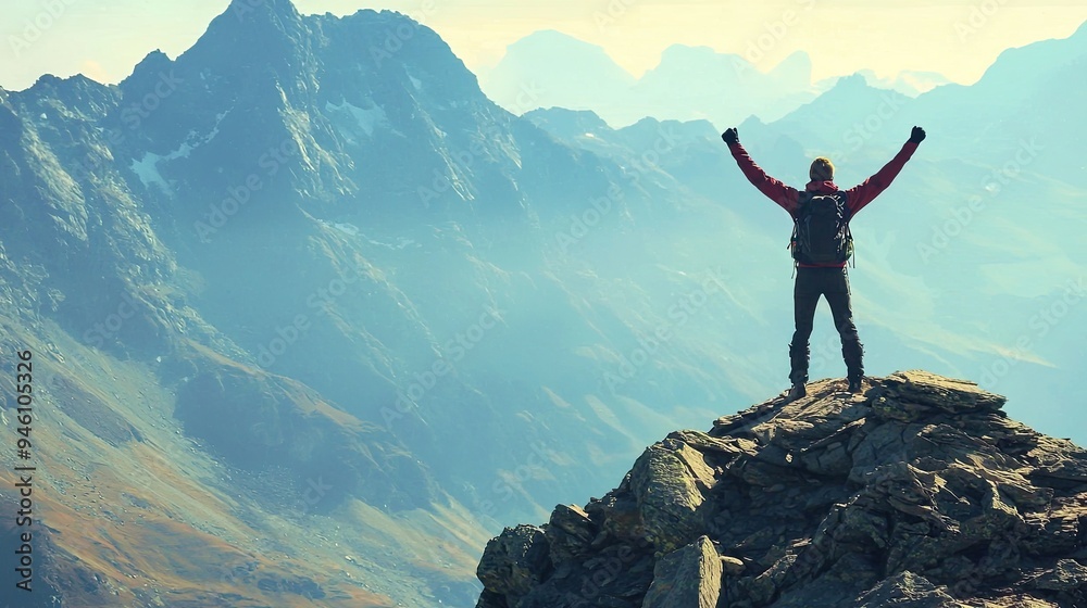 A person raising their arms in victory at the summit of a mountain after a challenging hike. A person raising their arms in victory at the summit of a mountain after a challenging hike.