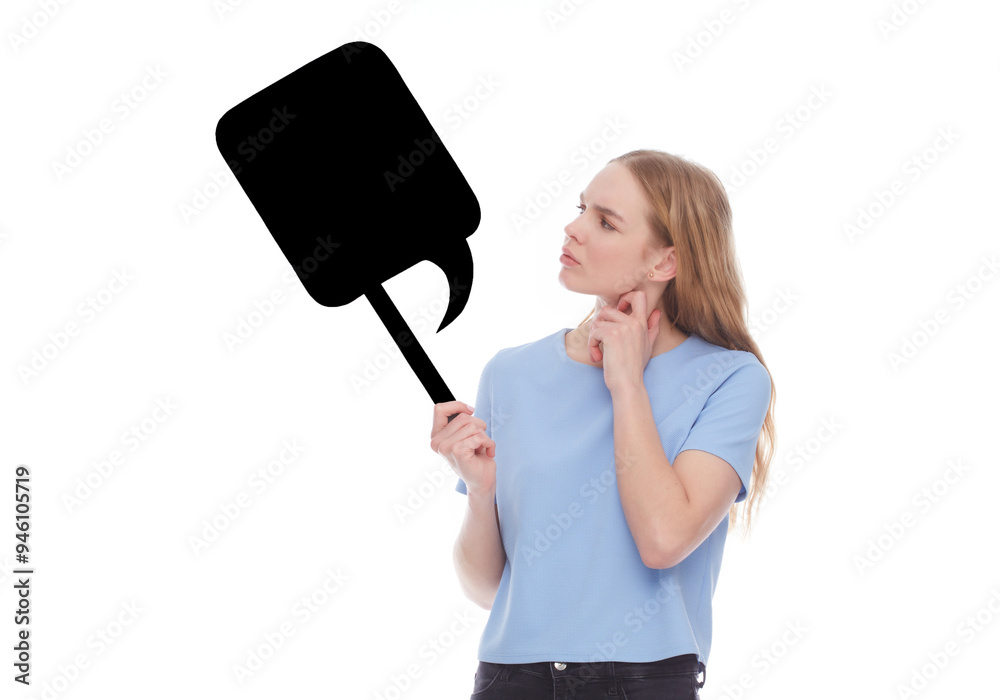 Thoughtful blonde girl holding a signboard with copy space. Studio shot on a white background. Thoughtful blonde girl holding a signboard with copy space. Studio shot on a white background.