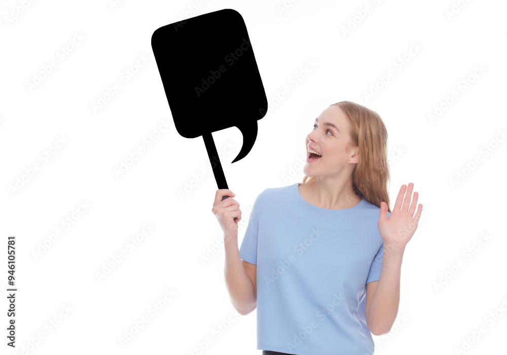 Wow. Surprised lady holding white empty board for advertisement and looking at camera with open mouth. Woman with blank advertisement placard, empty space for text Wow. Surprised lady holding white empty board for advertisement and looking at camera with open mouth. Woman with blank advertisement placard, empty space for text