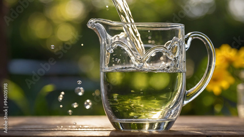 A clear glass pitcher pouring water with sunlight creating a refreshing and natural outdoor scene image photo