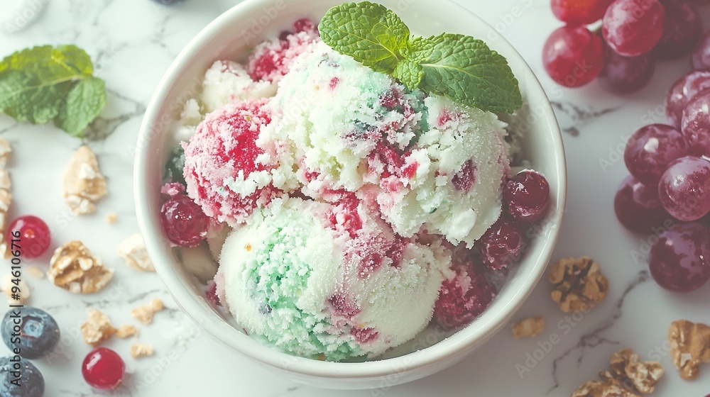 Close-up of a marble table with a bowl of ice cream containing berries and mint, along with grapes and walnuts Close-up of a marble table with a bowl of ice cream containing berries and mint, along with grapes and walnuts