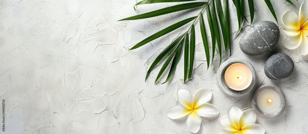 Spa concept on a white stone background featuring palm leaves a flower a candle and zen like grey stones top view copy space Spa concept on a white stone background featuring palm leaves a flower a candle and zen like grey stones top view copy space