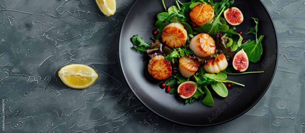 Fried scallops accompanied by lemon figs sauce and green salad presented on a black plate against a gray textured background Top view copy space Plating fine dining Fried scallops accompanied by lemon figs sauce and green salad presented on a black plate against a gray textured background Top view copy space Plating fine dining