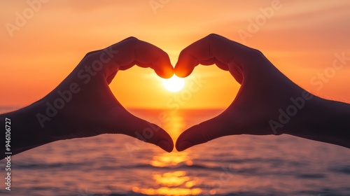 Two hands forming a heart shape, with a sunset in the background