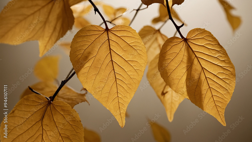 Obraz premium Close-up photography of yellow autumn leaves with detailed veins on a neutral gray background surface.