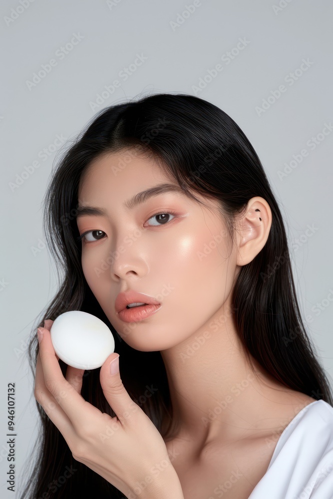 Asian woman holds small object, applies concealer with makeup sponge in studio setting, focusing on face, skin tone, beauty, cosmetics, fashion, photography. Asian woman holds small object, applies concealer with makeup sponge in studio setting, focusing on face, skin tone, beauty, cosmetics, fashion, photography.