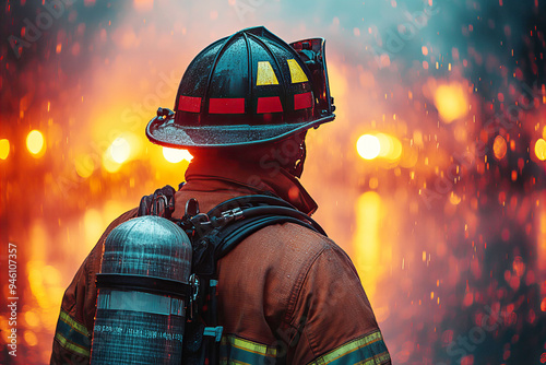 man in helmet on background of fire, Celebrations the hard work of firefighter on Firefighters Day,