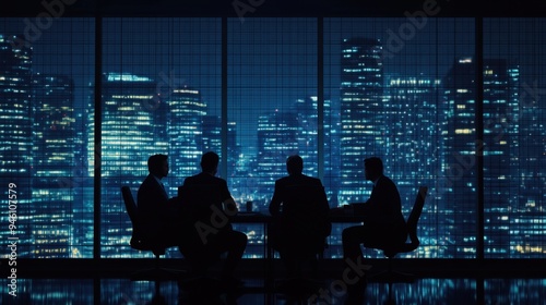 A business meeting in progress at night, with the city skyline visible through the window.