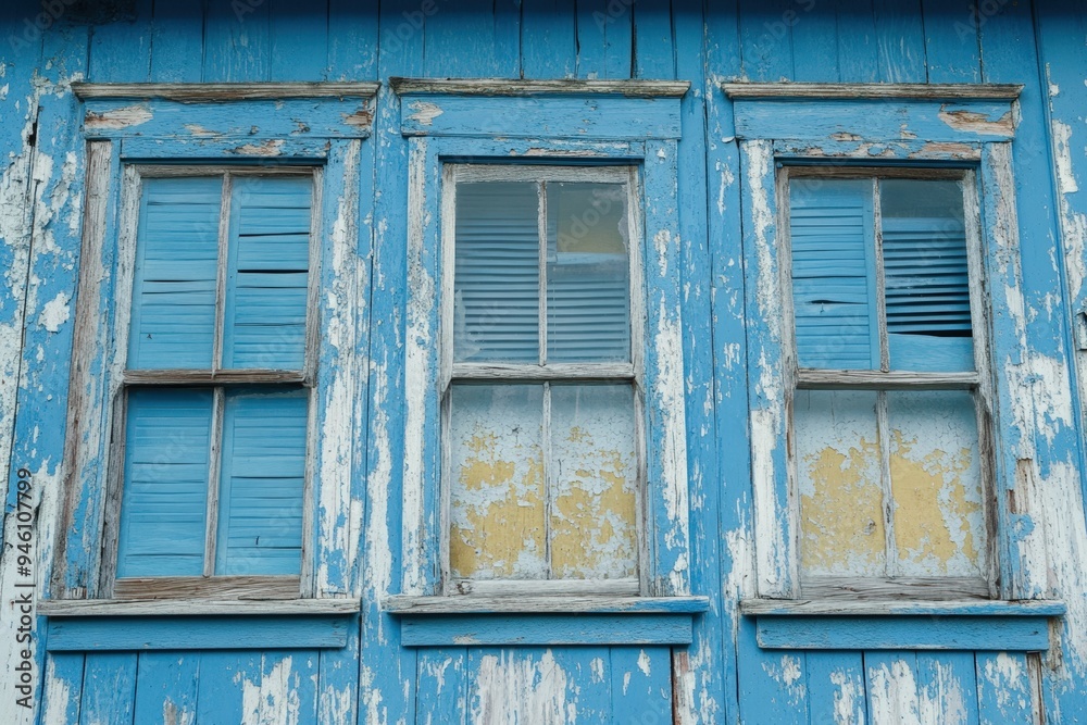 A wooden house painted blue with white trim. A wooden house painted blue with white trim.