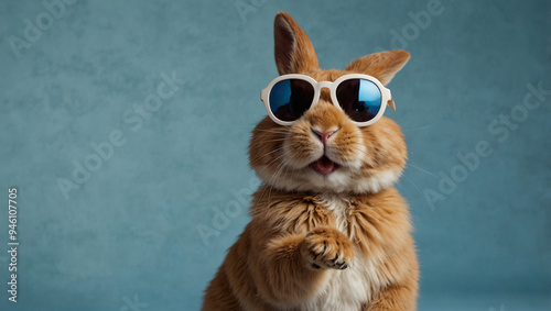 Stylish rabbit wearing glasses happily