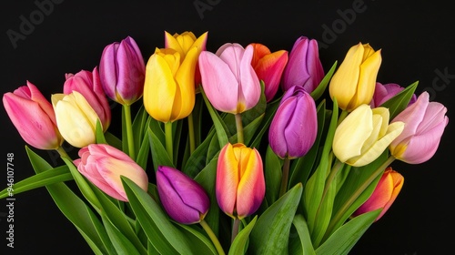 Colorful Bouquet of Tulips on a Black Background