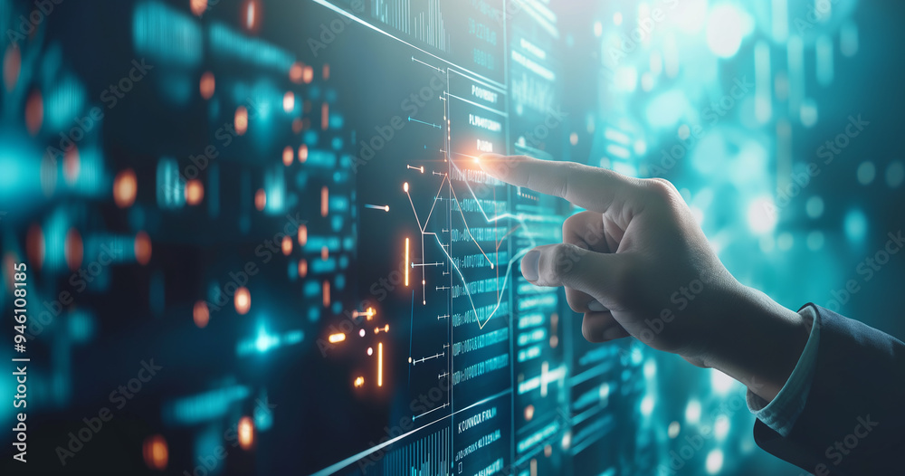 Close up of business professional hand pointing at glowing mathematical formula graph. Close up of business professional hand pointing at glowing mathematical formula graph.