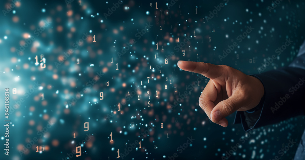 Close up of business man hand pointing at abstract glowing mathematical formula graph on blue backgrounds.