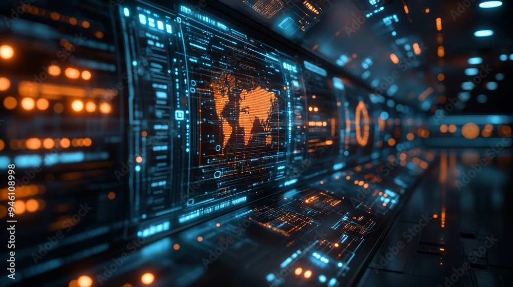 A futuristic holographic display showcases global communication networks with a world map and interactive data visuals illuminated in vibrant colors. A futuristic holographic display showcases global communication networks with a world map and interactive data visuals illuminated in vibrant colors.