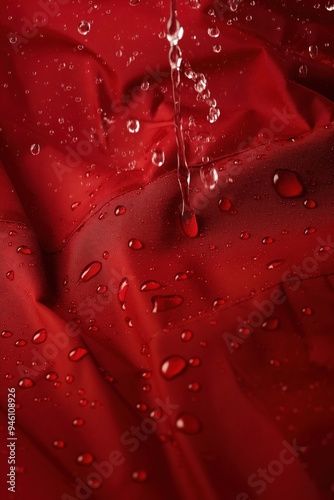Vibrant red waterproof fabric close-up. Water droplets on surface create dynamic movement. Various stages of descent from viewer to background. Blurred background focuses attention on intricate photo