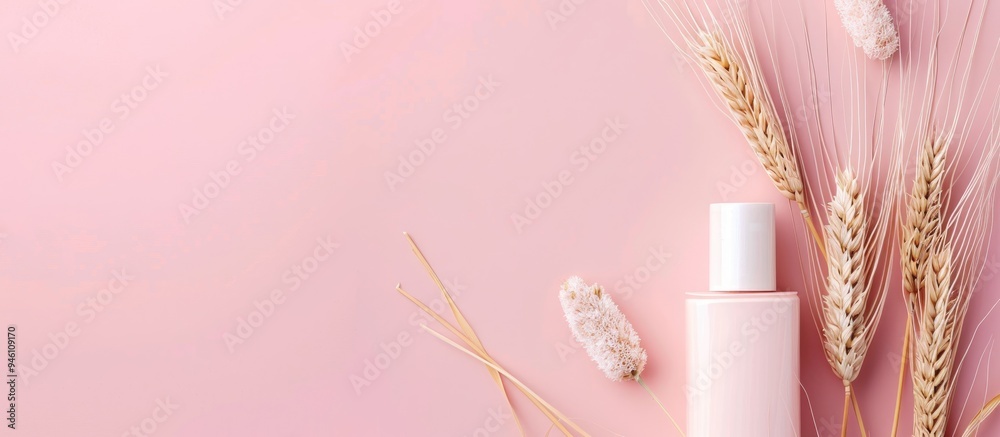 Blank cosmetics container with wheat ears on a pink background Mockup of a cream or shampoo bottle Organic beauty item. Copy space image. Place for adding text and design Blank cosmetics container with wheat ears on a pink background Mockup of a cream or shampoo bottle Organic beauty item. Copy space image. Place for adding text and design