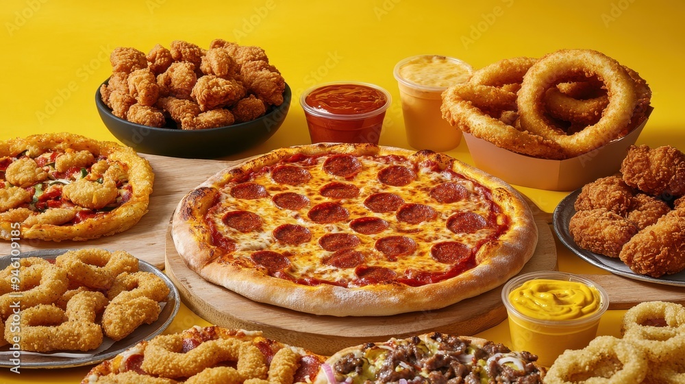 An assortment of fast food items, featuring pizza, chicken wings, onion rings, and various dipping sauces arranged attractively An assortment of fast food items, featuring pizza, chicken wings, onion rings, and various dipping sauces arranged attractively