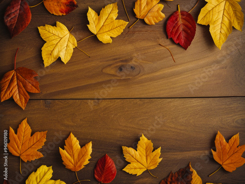 Autumn background with colored red leaves on brown slate background. Top view, copy space, AI Generated