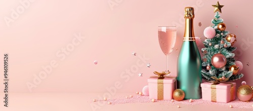 Champagne bottle presents and a toy tree on a pastel pink background Celebrating New Year Christmas and happy birthday Festive flat lay. Copy space image. Place for adding text and design