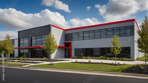 Modern commercial building with large glass windows and red accents during beautiful sunset.