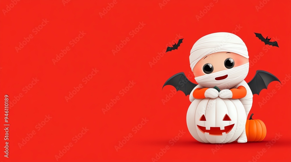 A cute Halloween-themed character is dressed as a mummy with bat wings, playfully posing next to a carved pumpkin on a bright background. A cute Halloween-themed character is dressed as a mummy with bat wings, playfully posing next to a carved pumpkin on a bright background.