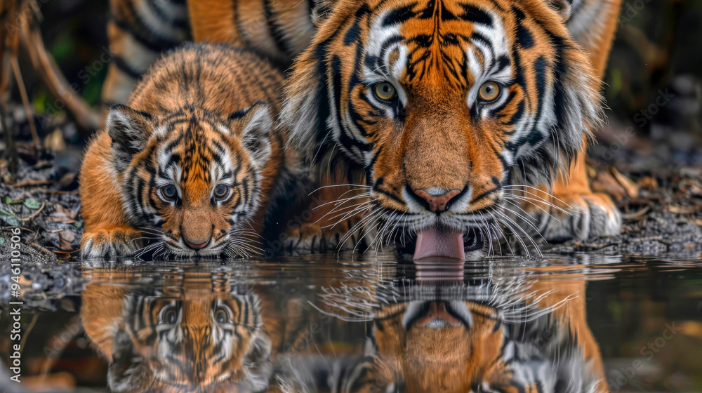 Obraz premium Tiger and cub drinking in stream