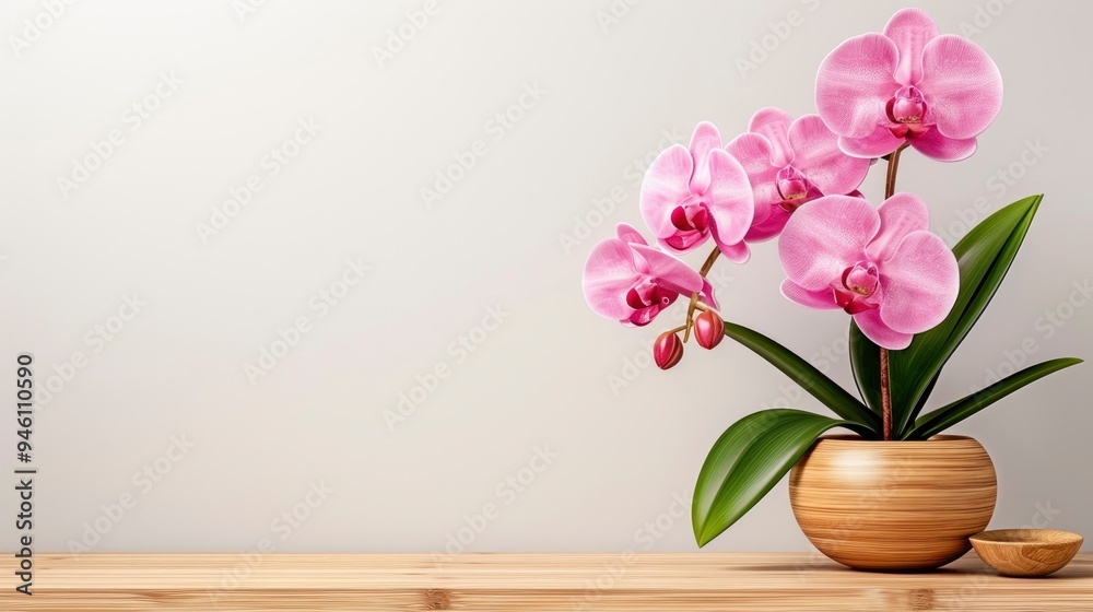Pink Orchid in Wooden Pot on Table with White Background Pink Orchid in Wooden Pot on Table with White Background