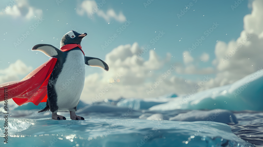 Fototapeta premium Penguin, a superhero, is ready to go out and defend justice in a red cape.