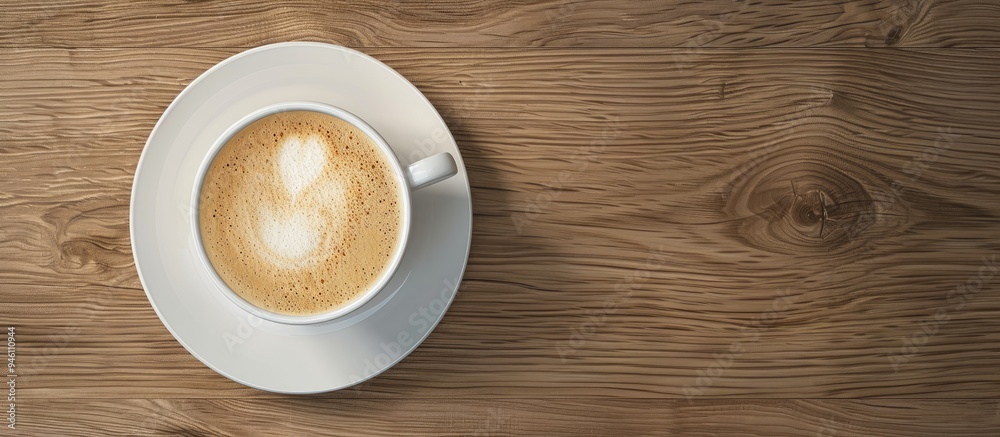 Top view of a white cup filled with cappuccino featuring foam on a plate set on a wood textured table A concept of latte art Close up copyspace for text wooden background Top view of a white cup filled with cappuccino featuring foam on a plate set on a wood textured table A concept of latte art Close up copyspace for text wooden background