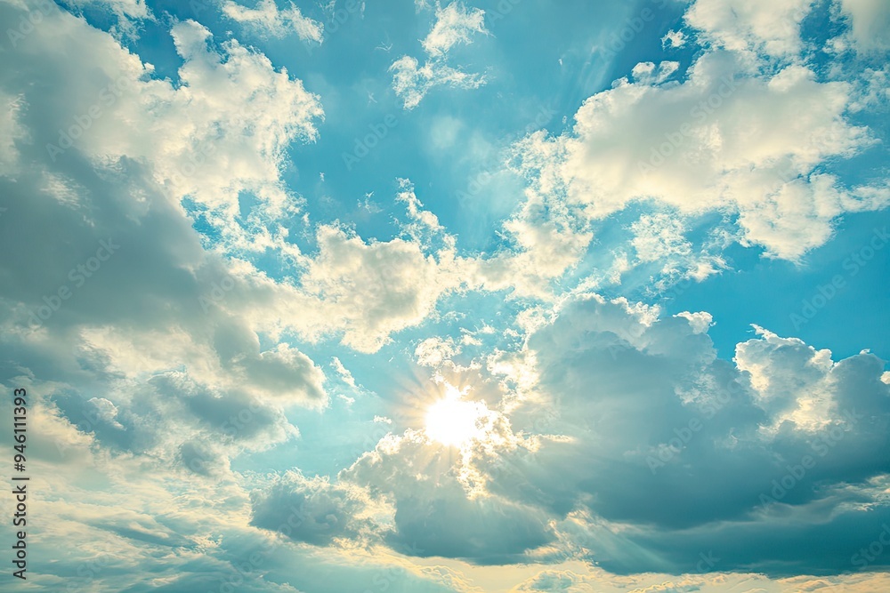 Sun shining through the puffy clouds. Sky view. Beautiful sunny sky. Background with clouds on blue sky. Clouds on blue sky , ai