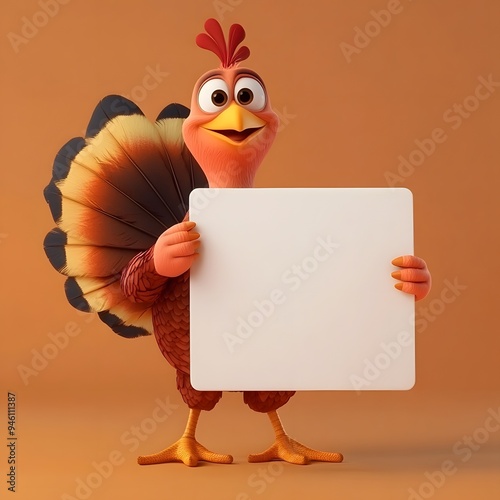 A cartoon turkey holds a blank white sign, perfect for adding your own message.