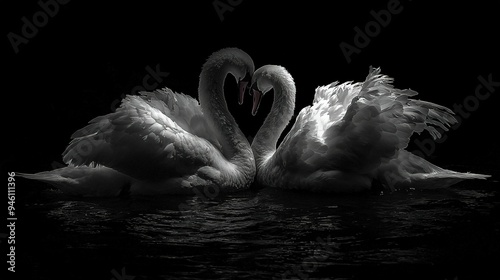 Fototapeta Naklejka Na Ścianę i Meble -    Black-and-white image of two swans swimming in water with their bills touching