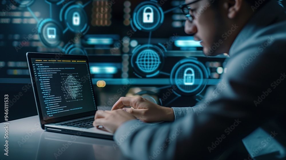 System administrator works on laptop developing software for data protection, reducing vulnerability in network. Cyber security concept involves computer network and communication.