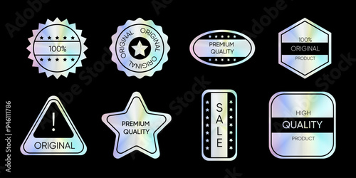 Set of color holographic sticker templates, holographic effect labels, original product.