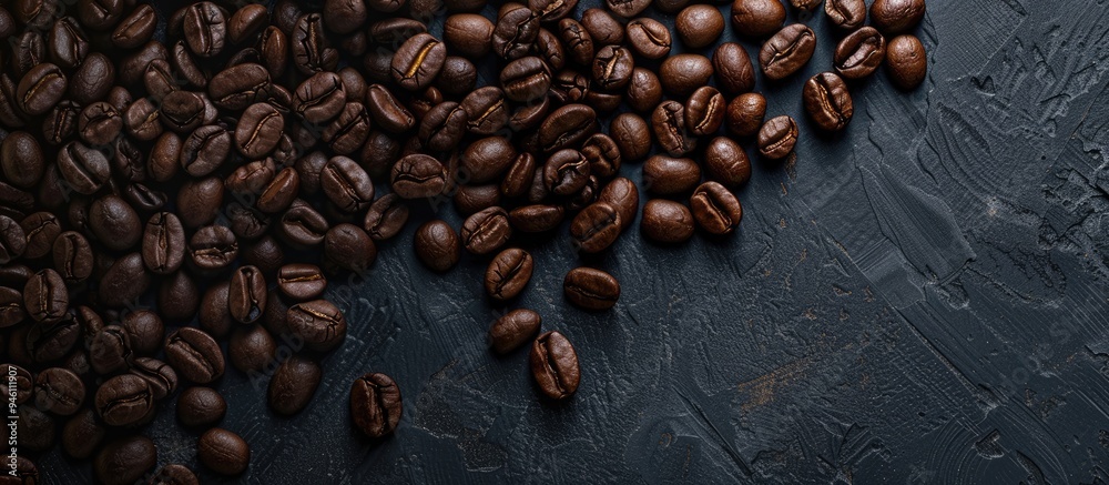 Roasted coffee beans on a dark background suitable for use as a background. Copy space image. Place for adding text and design Roasted coffee beans on a dark background suitable for use as a background. Copy space image. Place for adding text and design