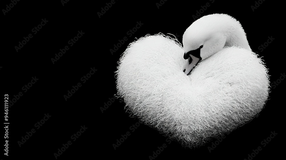 A heart-shaped fluffy white fur is captured in black and white with a swan in the background, creating an elegant image A heart-shaped fluffy white fur is captured in black and white with a swan in the background, creating an elegant image