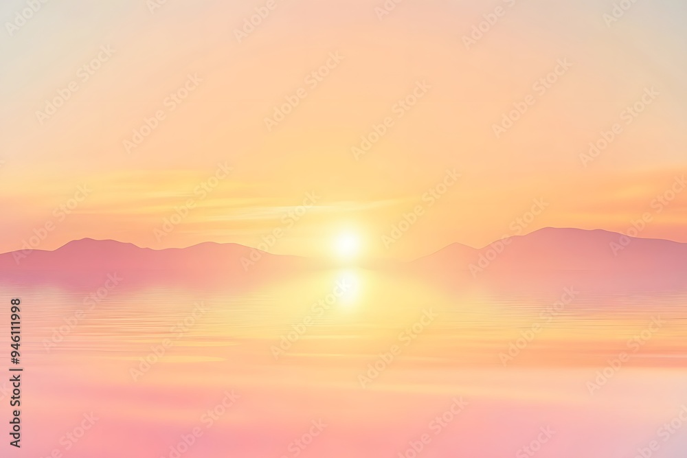 Soft, hazy sunrise over mountains reflected in a still lake. Soft, hazy sunrise over mountains reflected in a still lake.