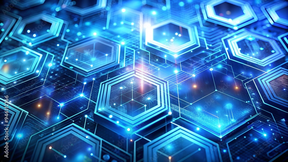 Fototapeta premium Futuristic blue technology background with glowing neon circuits and holographic digital interfaces, abstract background