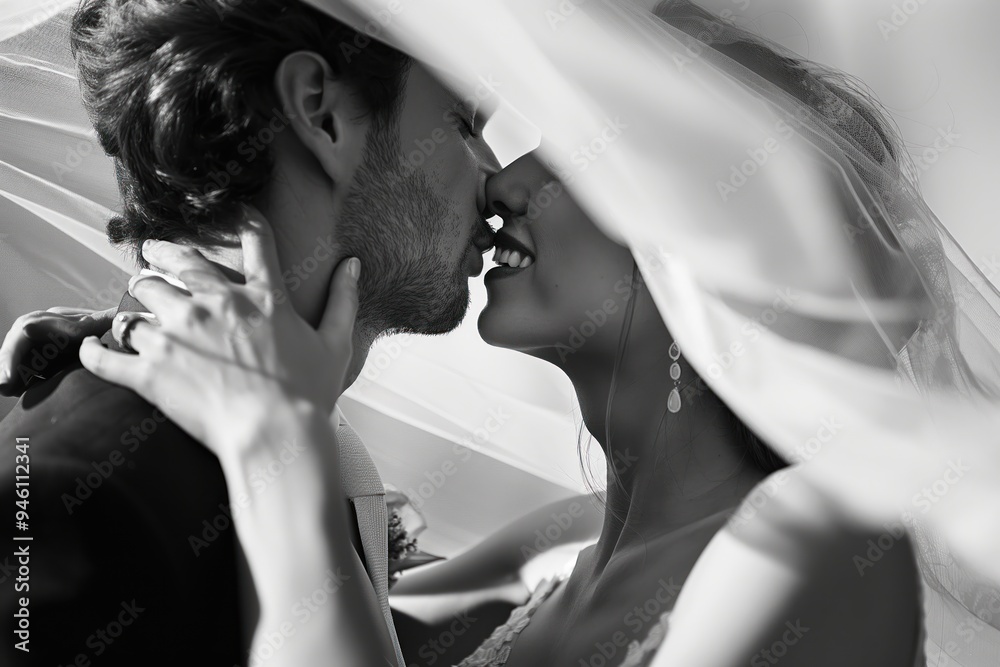 Naklejka premium Tender moment between bride and groom in love. Black suit, white dress, romantic kiss. Intimate gaze, affectionate interaction. Wedding couple happiness.
