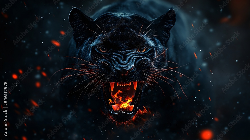 Black panther aggressively roaring. A powerful black cougar aggressively lunging forward, surrounded by sparks and flames, set against a dark, moody background Black panther aggressively roaring. A powerful black cougar aggressively lunging forward, surrounded by sparks and flames, set against a dark, moody background